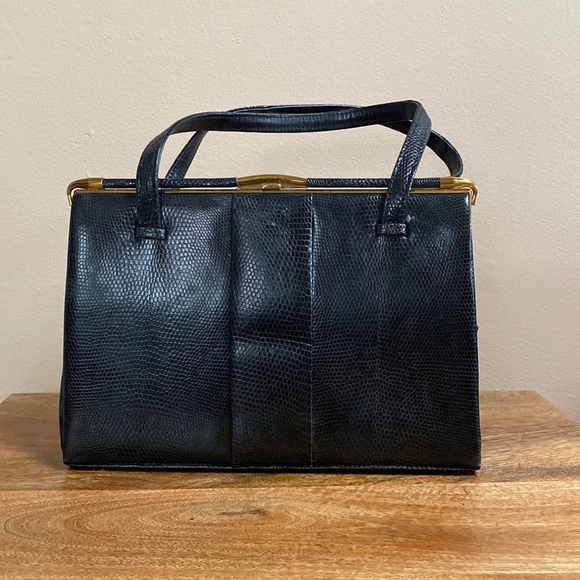 VTG 60’s Bloomingdales England Black Lizard Snakeskin Frame Purse Bag - Picture 1 of 12
